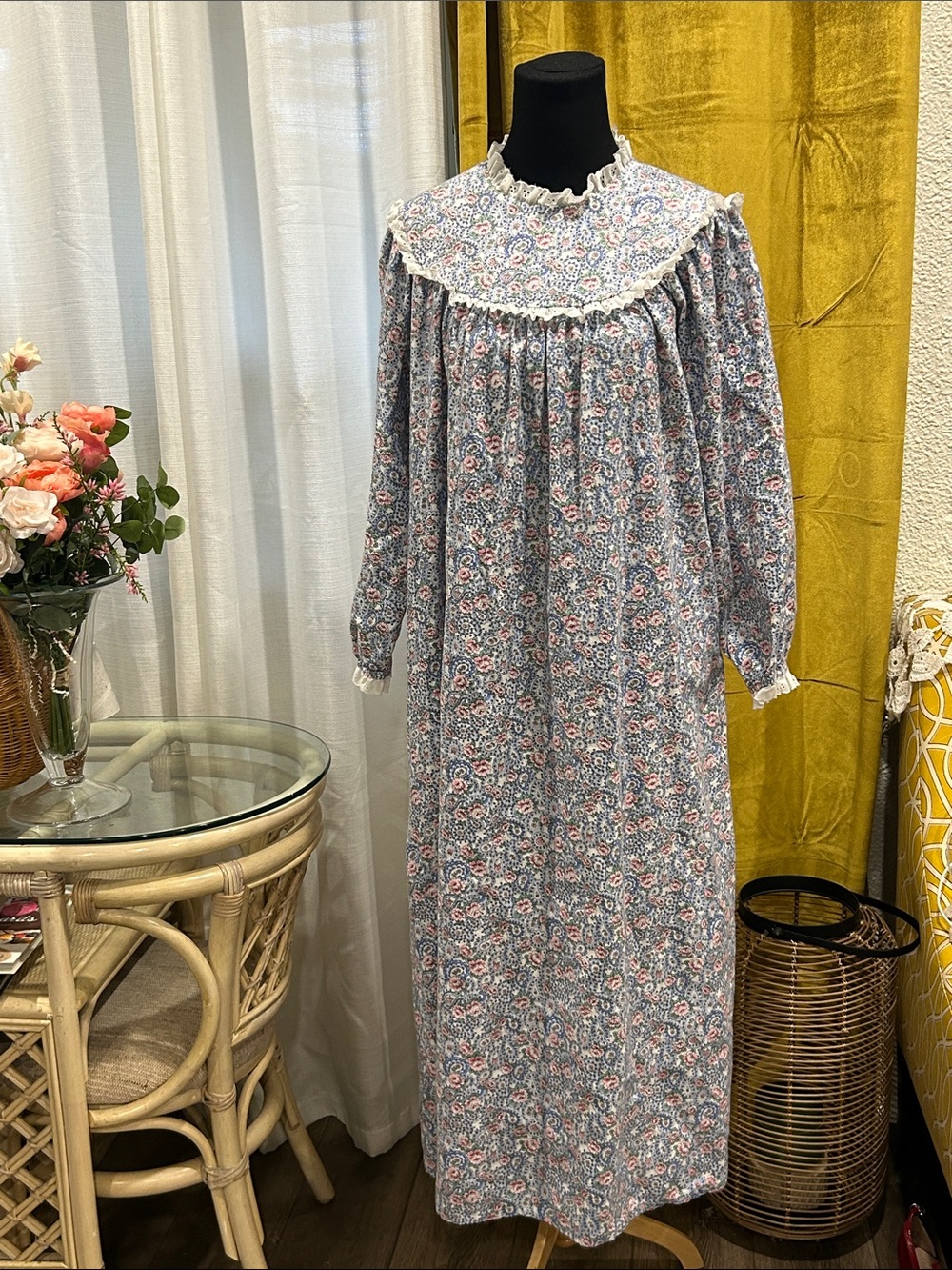 Lanz of Salzburg Vintage Floral Blue Nightgown with Lace Yoke